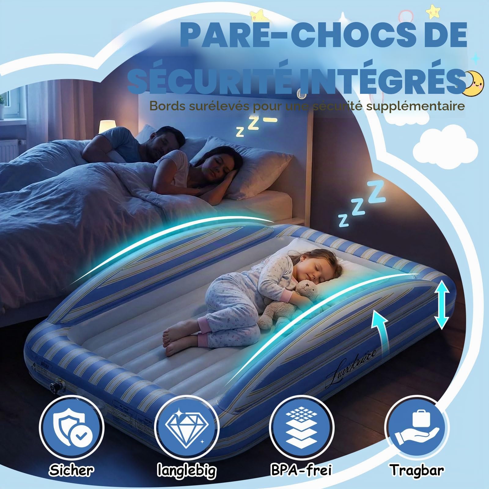 Luxchoice Matelas Gonflable Enfant avec Pompe Électrique - Lit d'Apport Enfant avec Barrières de Sécurité Surface Flockée Douce Sac de Rangement pour Voyages, Nuitées et Maison