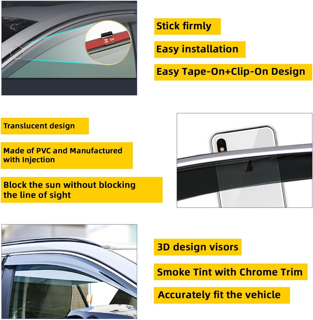 4pcs Smoke Tint With Chrome Trim Outside Mount Tape On/Clip On Style PVC Sun Rain Guard Vent Window Visors Compatible with 13-18 Santa Fe/Santa Fe Sport (Short Wheel Base) DM Only