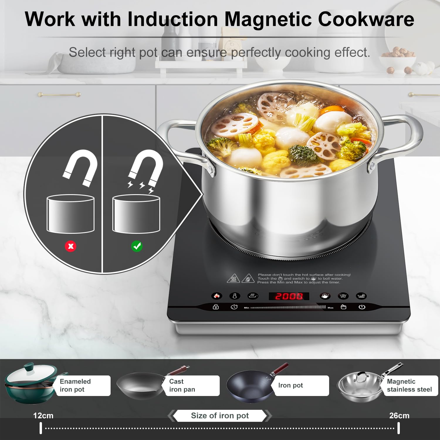 AMZCHEF 2000W Induktionskochfeld 1 Platte, Induktionskochplatte Einzel, Extra Leise (≤42dB), Nur 4cm Schlankes Design, 9 Stufen & 4 Menüs, Timer, Grau