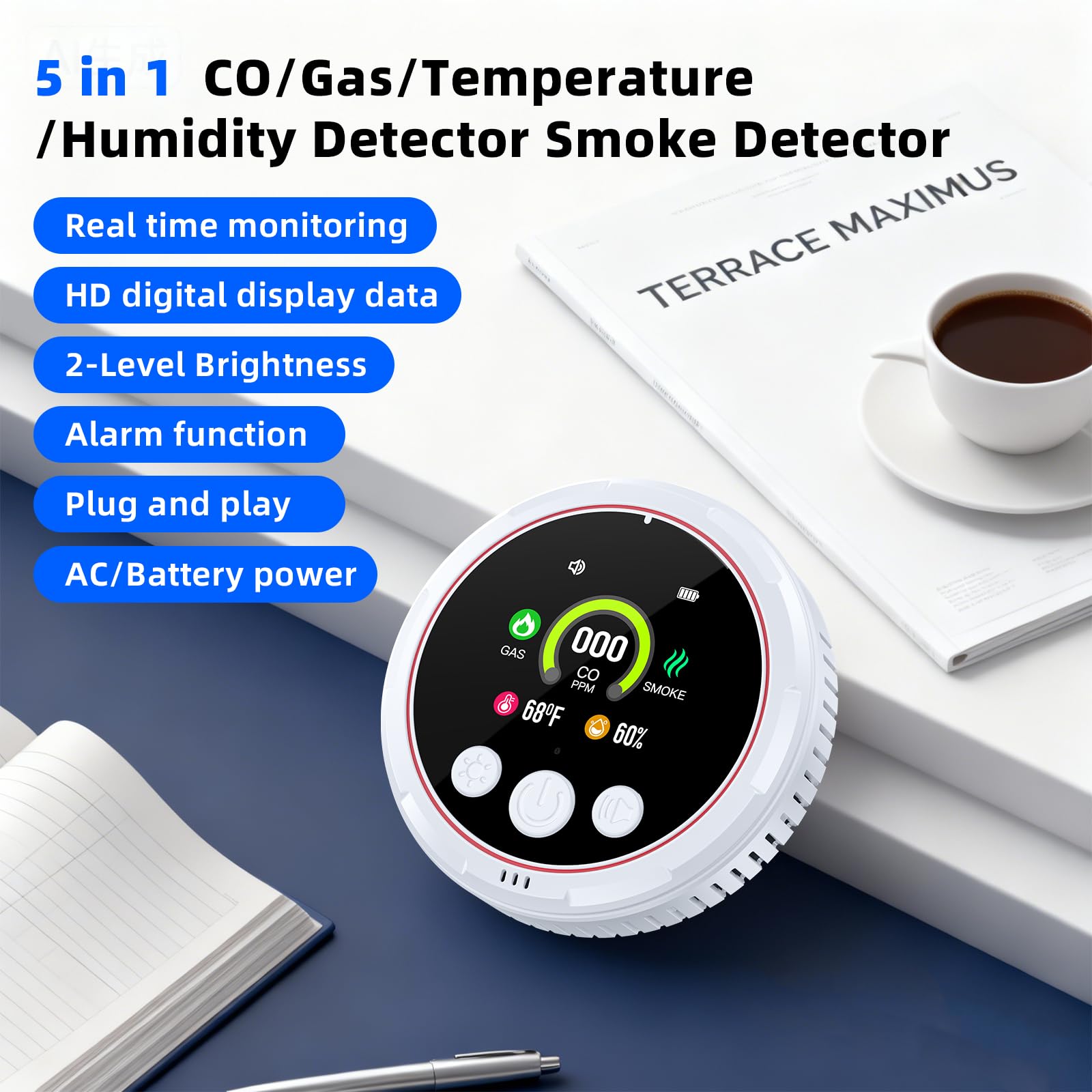 Detecteur Monoxyde Carbone 5 en 1, Detecteur de Fumée et Detecteur de Gaz avec Grand écran et Batterie de Secours, Adapté pour la Maison, la Cuisine, Le Camping-Car, l'appartement (Blanc, 1 Paquet)