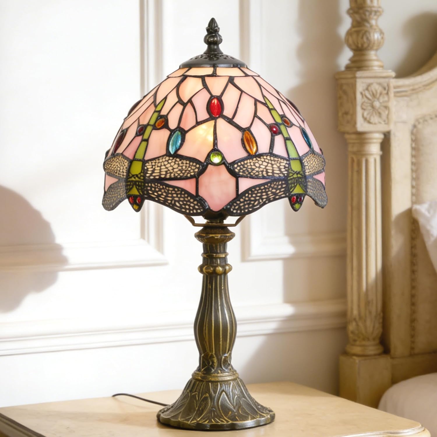 Small Tiffany Lamp Mini Stained Glass Table Lamp Bedside Accent Lamp Memory Sympathy 8X14.5 Inch (Pink Dragonfly)
