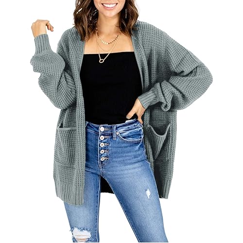 Misassy Womens Open Front Waffle Long Sleeve Lightweight Knit Cardigans Sweater Oversized Sweaters with Pockets