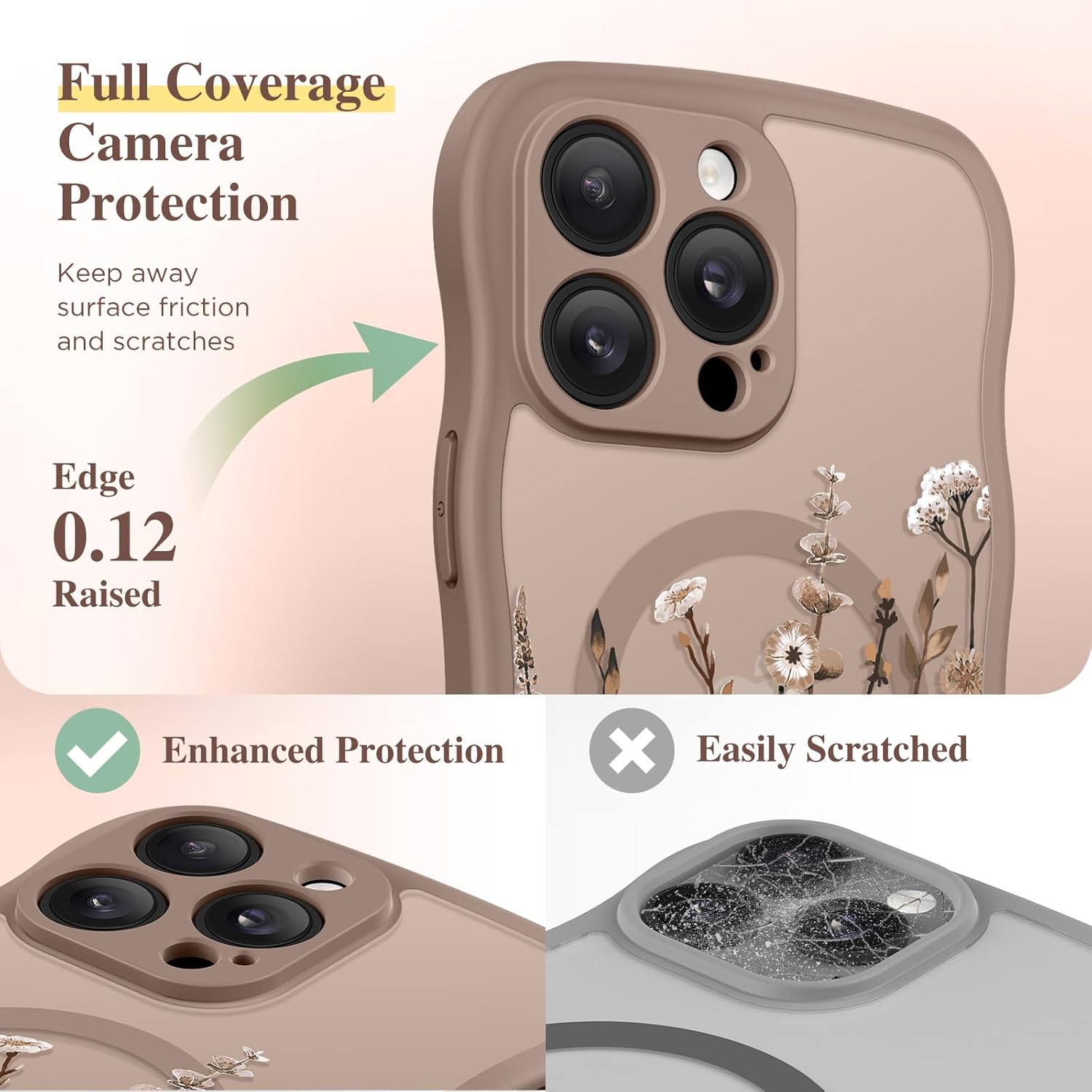GVIEWIN for iPhone 14 Pro Max Case Compatible with MagSafe [Curly Wave Edge][Full Camera Protection] Floral Translucent Shockproof Magnetic Women Phone Case for 14 Pro Max, Floratopia/Brown - Image 6