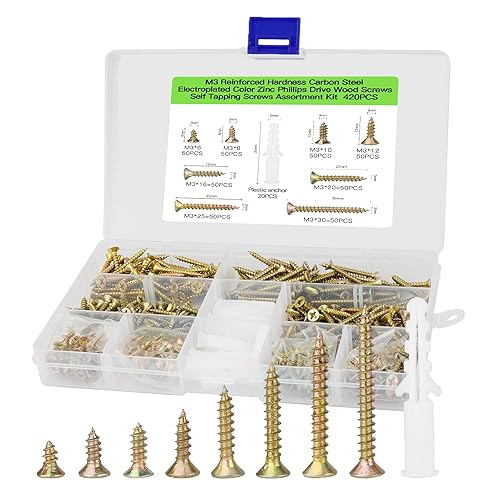 Miniatura 9 de M3 - Kit de tornillos de madera de cabeza plana 420 unidades tornillos autorroscantes Phillips Drive con cabeza avellanada acero al carbono contiene