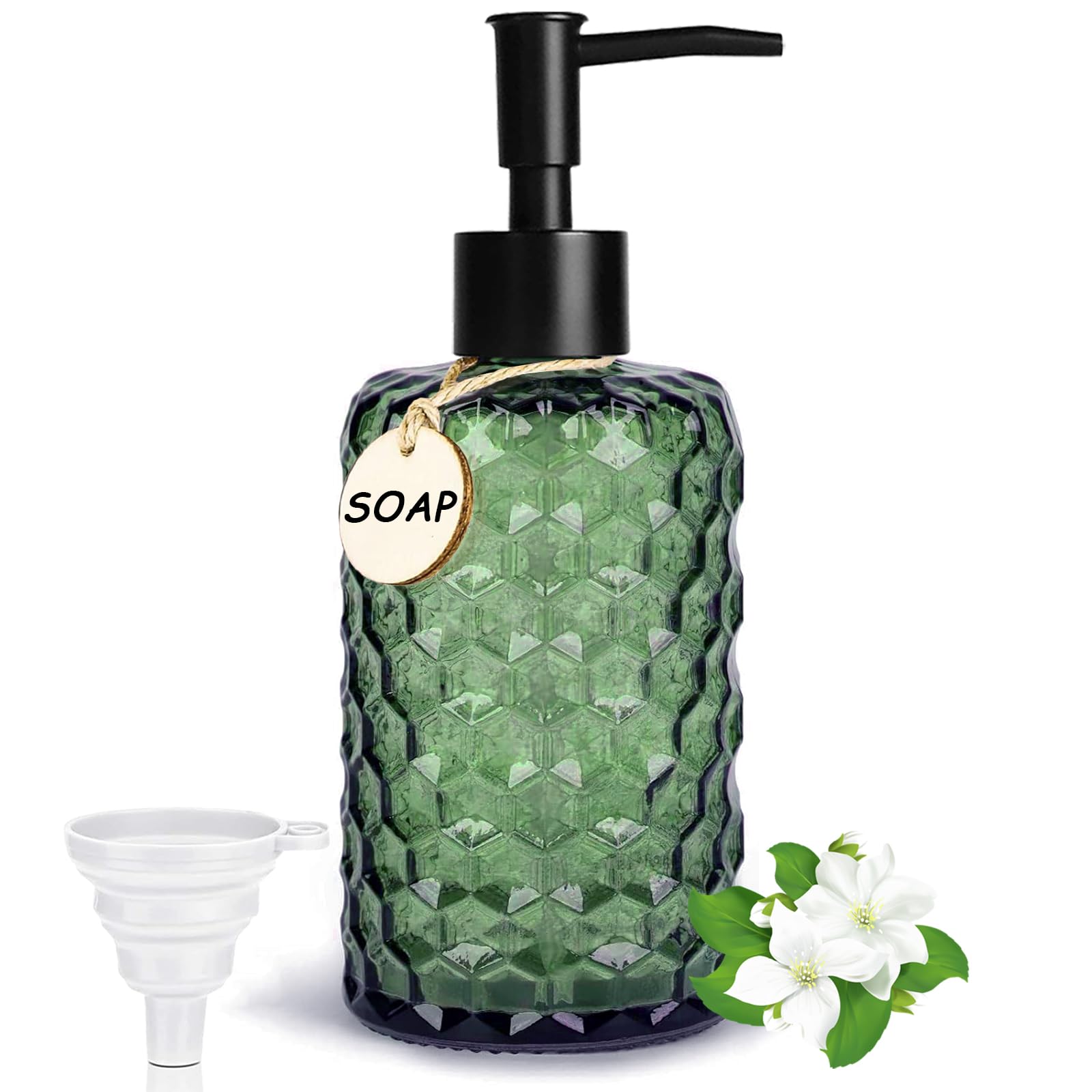 Dispensador de jabón de cristal de 500 ml para baño, diseño de panal, dispensador de detergente para cocina, moderno dispensador de bomba con etiquetas de madera, bomba de plÔstico negra y embudo