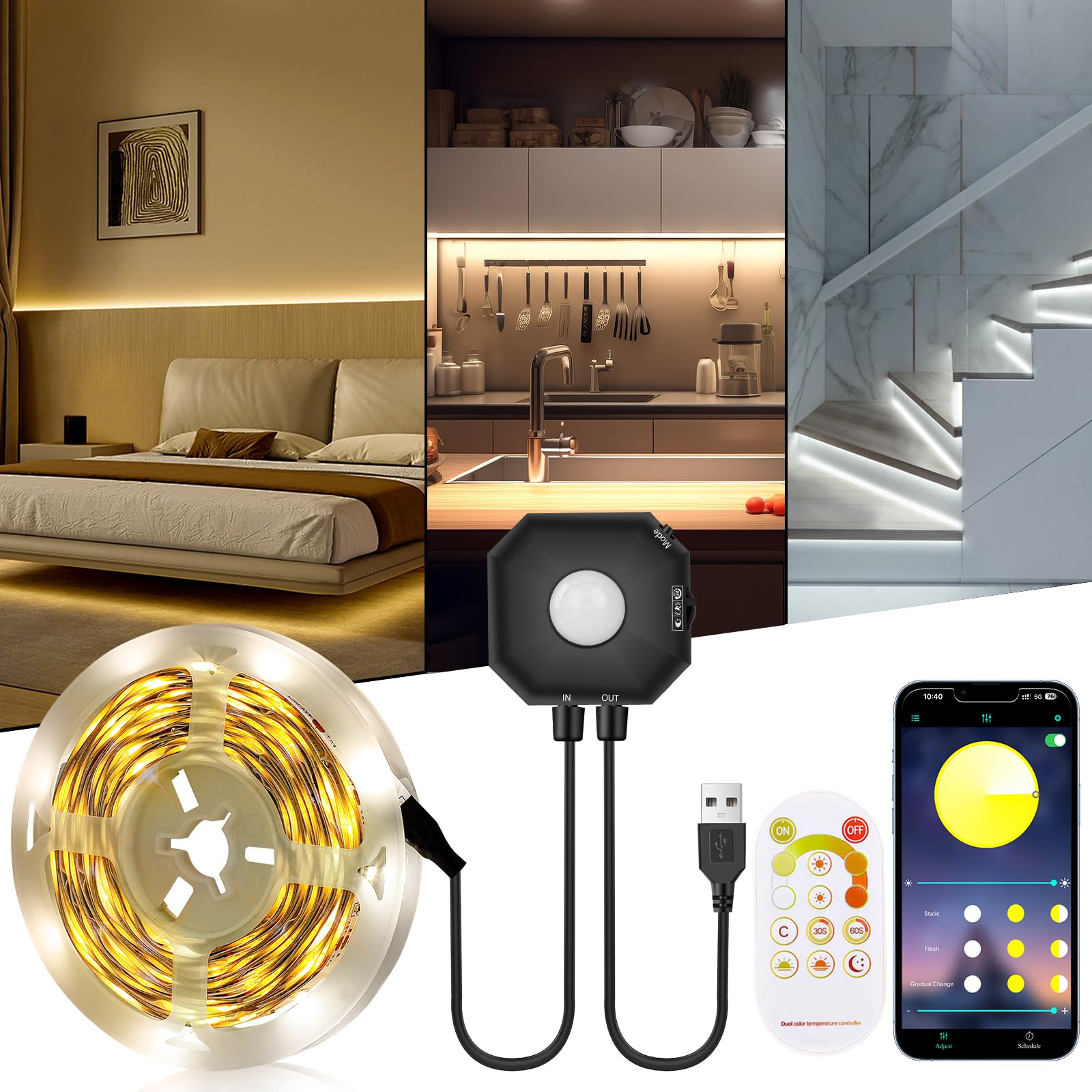 Motion Sensor LED Strip Lights 5M,Dimmable 3000K-6000K Under Bed Lights