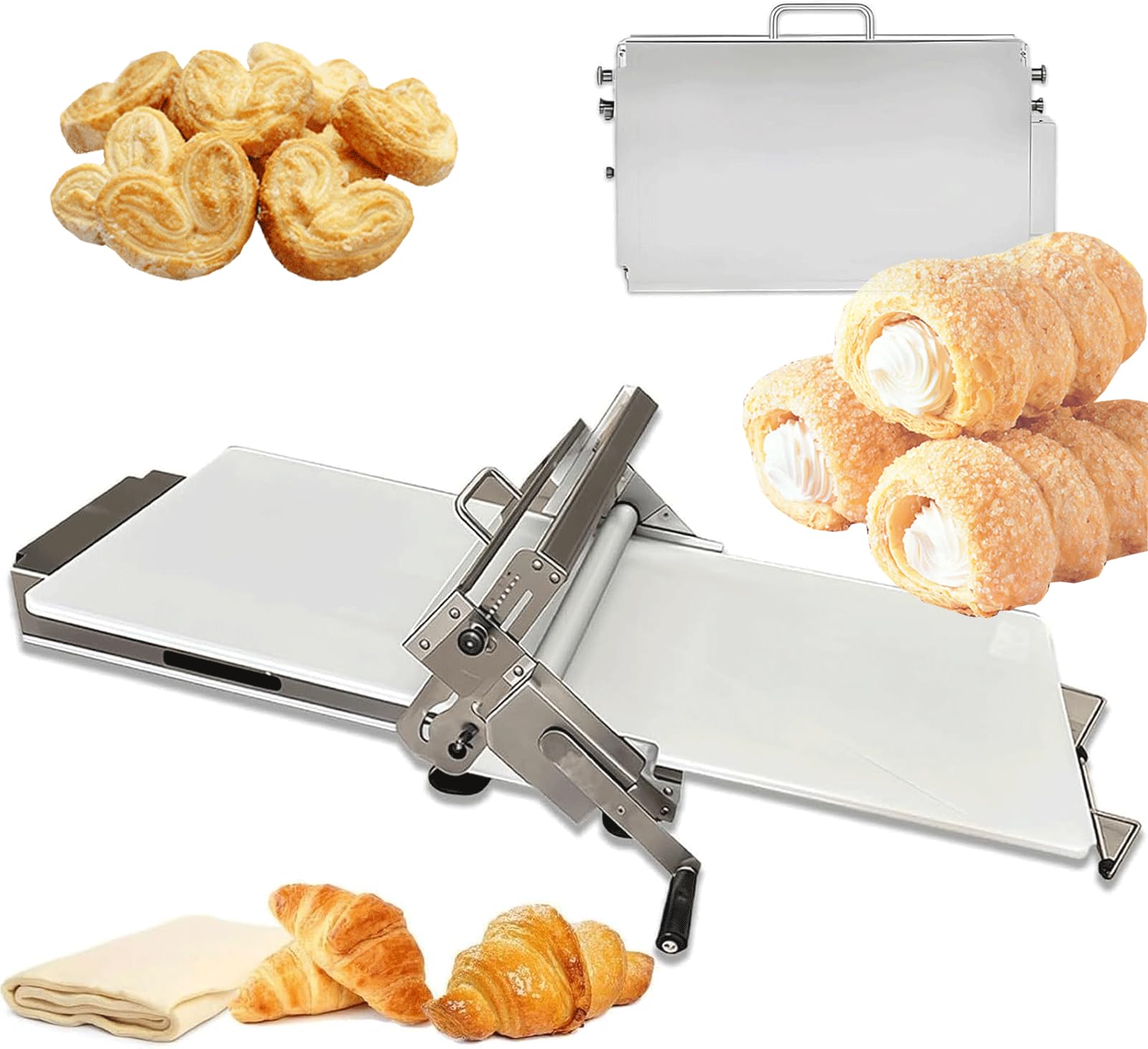 Laminadora de Masa Manual Plegable en Acero Inoxidable, Grosor Ajustable 0-27mm, Máquina para Hojaldre y Cruasanes, Ideal para Pizza y Pasta, Uso Profesional en Panadería y Doméstico