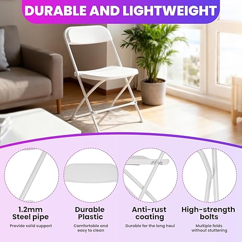 Miniatura 6 de 10 Pack White Plastic Folding Chair, 500lb Capacity, Folding Chairs with Steel Frame, Indoor Outdoor Portable Stackable Commercial Seat for Home