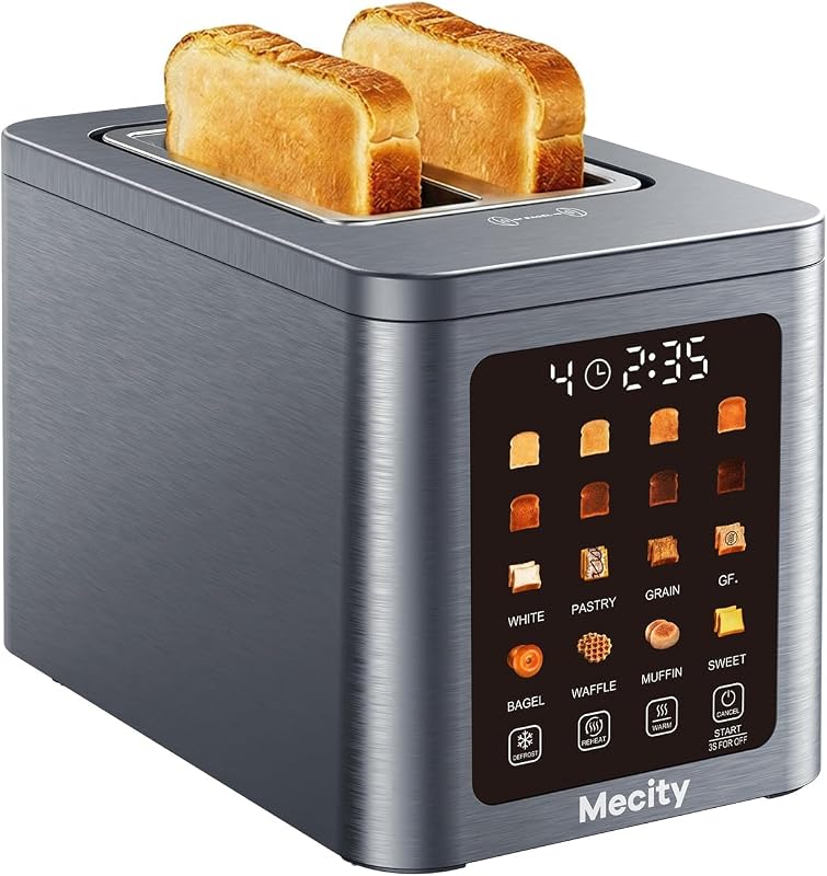 2 Slice Smart Touchscreen Toaster, Stainless Steel Wide Slot Toasters with Auto Lift & 30-Minute Warm, Memory Function, Defrost & Auto Shutoff, Digital Electric Bread Toaster for Bagels