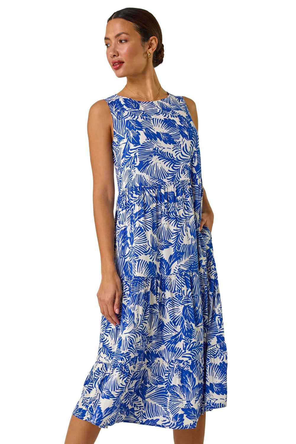 Roman Originals Women's Royal Blue Geometric Sleeveless Smock Dress For Uk - Everyday Holiday Spring Summer Round Neckline Comfy Soft Evening Vacation Work Party - - Size 20