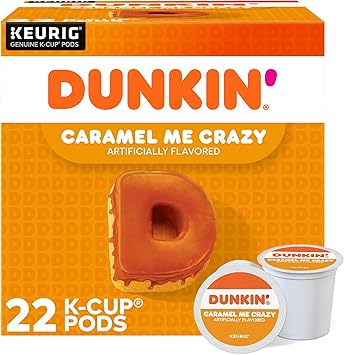 Dunkin Donuts Coffee K-Cup Pods, Caramel Me Crazy, Medium Roast, Box Of 22 Pods