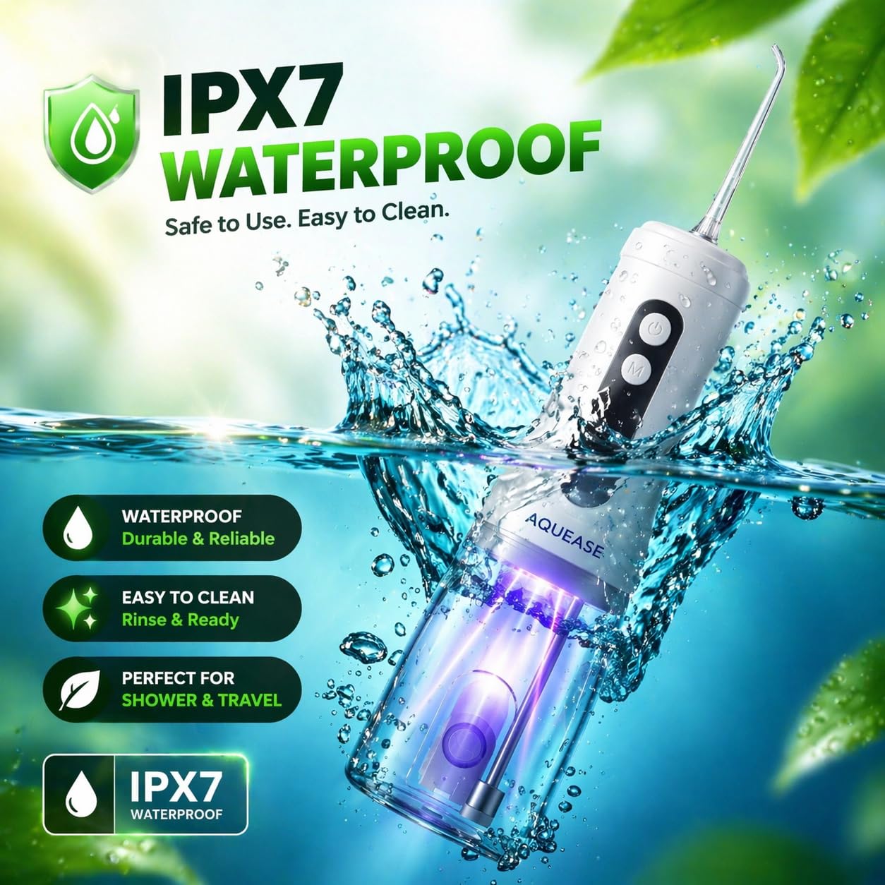 Irrigador bucal inalámbrico para encías y aparatos ortopédicos sensibles, luz integrada para autolimpieza, 4 puntas, 2 modos, 18 ajustes de presión, bolsa, hilo dental portátil recargable e