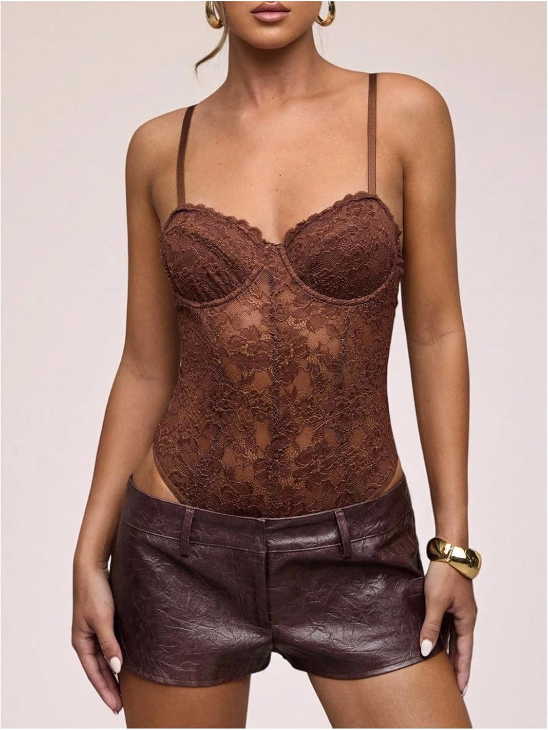 WDIRARA Women's Lace Corset Cami Bodysuit Sexy Low Cut Leotard Bustier Bodysuit - Image 6