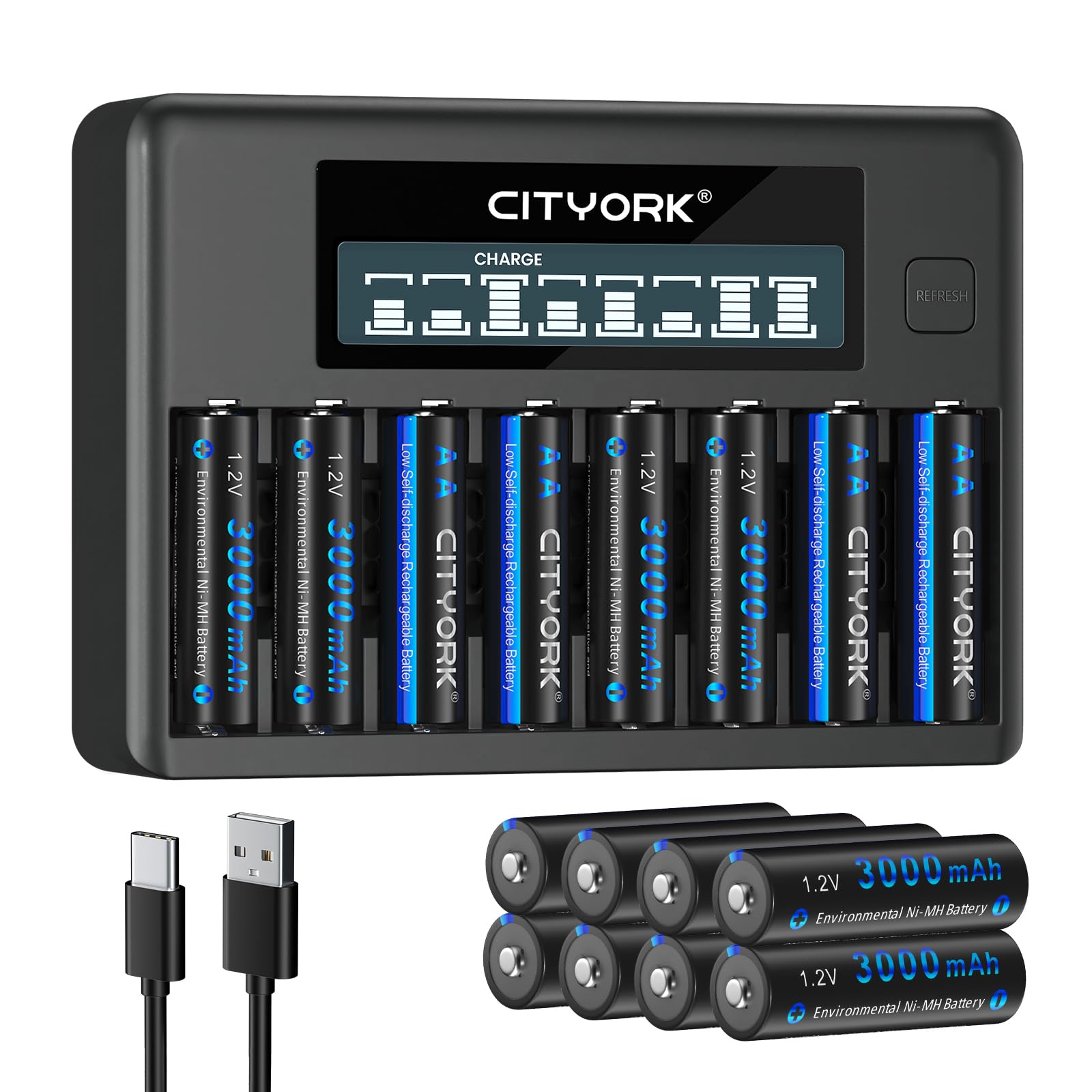 CITYORK Cargador de batería con 16 pilas AA de 3000 mAh, para pilas AA, AAA NI-MH recargables, 8 ranuras LCD