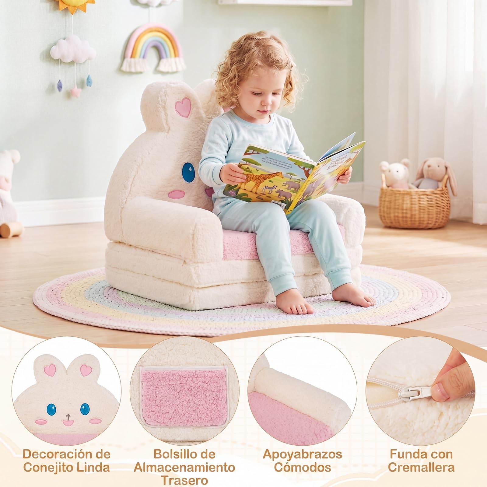 COSTWAY Sofá Infantil Plegable 2 en 1 (Conejo,Rosa) | Sillón Convertible para Niños con Funda Desmontable, Bolsillo de Almacenamiemto, Tumbona de Felpa para 18-36 Meses