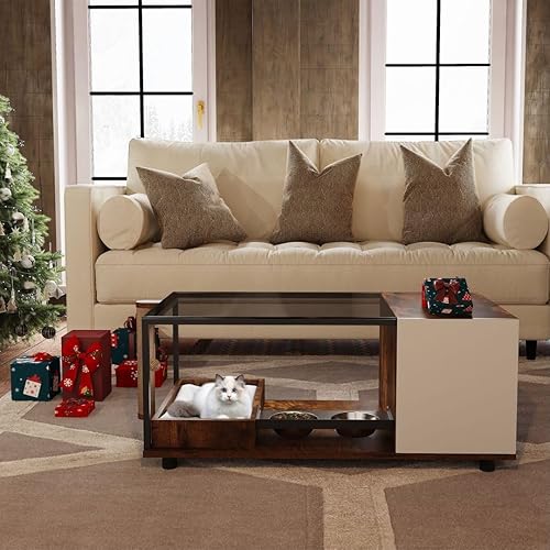 Miniatura 7 de DOICAH Mesa de centro de cristal con poste rascador para gatos,Mesa de centro de madera con almacenamiento,Mesas de centro pequeñas para sala de