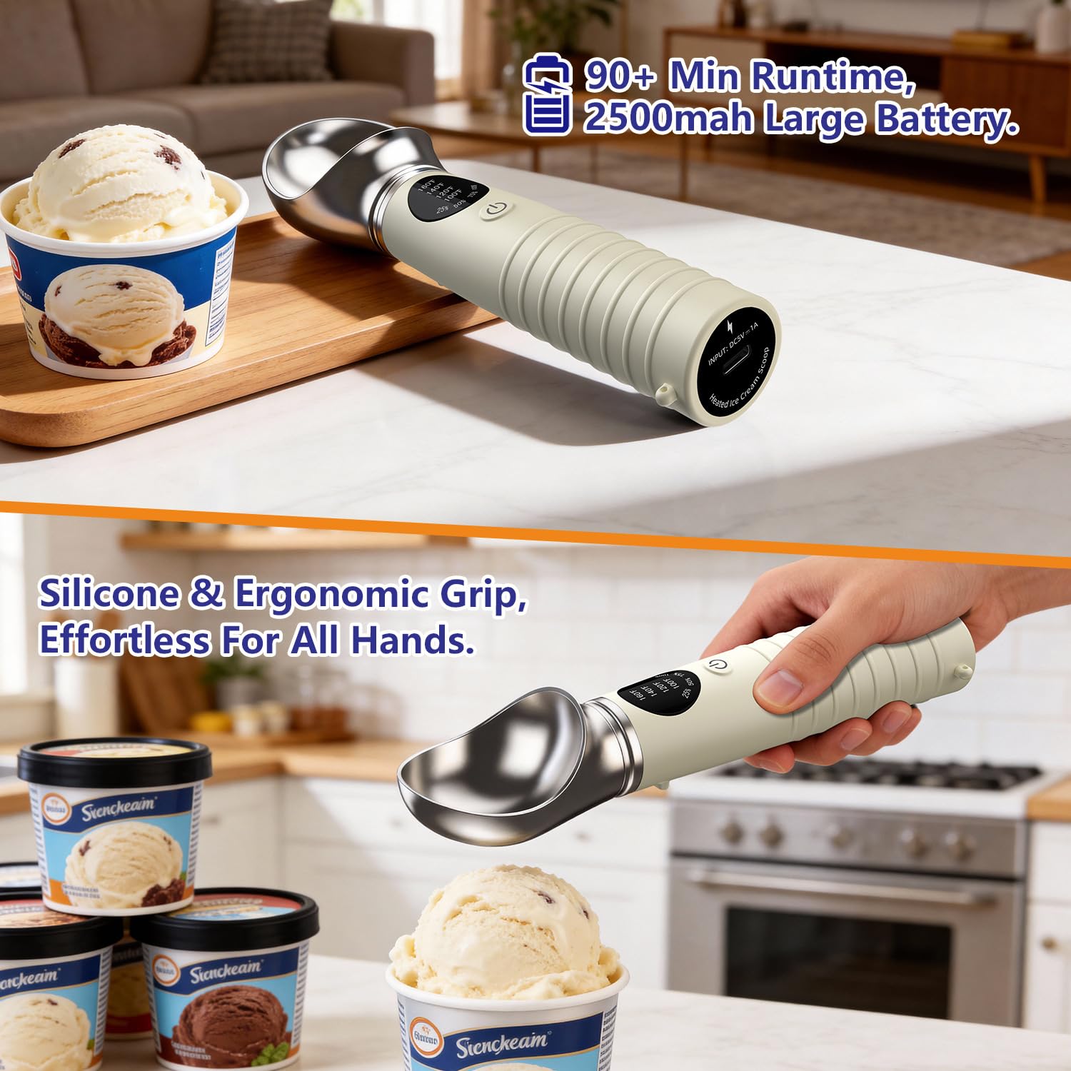 Cuillère à crème glacée – Alliage de zinc de qualité alimentaire étanche – avec écran LED de type C – Charge rapide de 3,5 heures – Ergonomique – Pour les fêtes et la pâtisserie