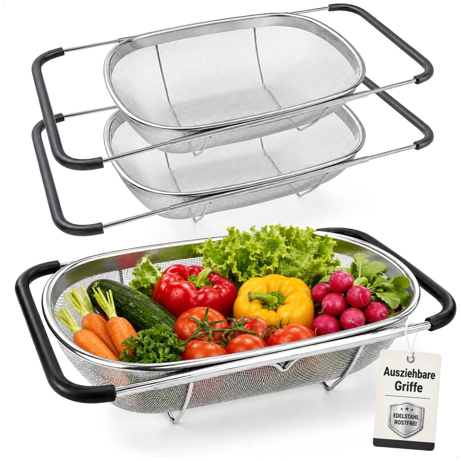 com-four® 3x Passoires Extensibles en Acier Inox 36,5 cm