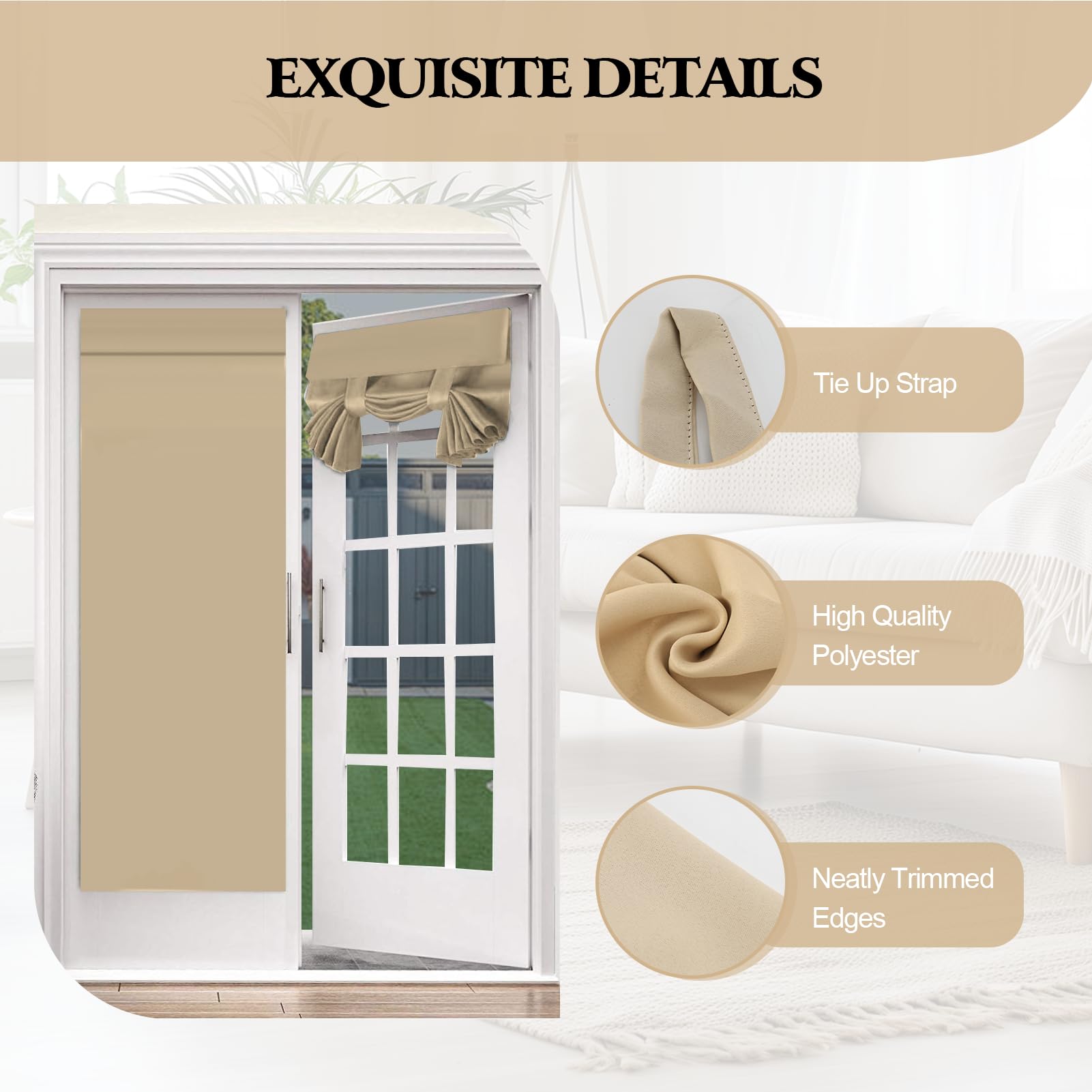 Gugxiom 66 x 173 cm Front Tür Vorhang,Französisch Tür Jalousien mit Bandage,Front Türs Seitenlicht Vorhang für Küche Wohnzimmer Bad (Beige)