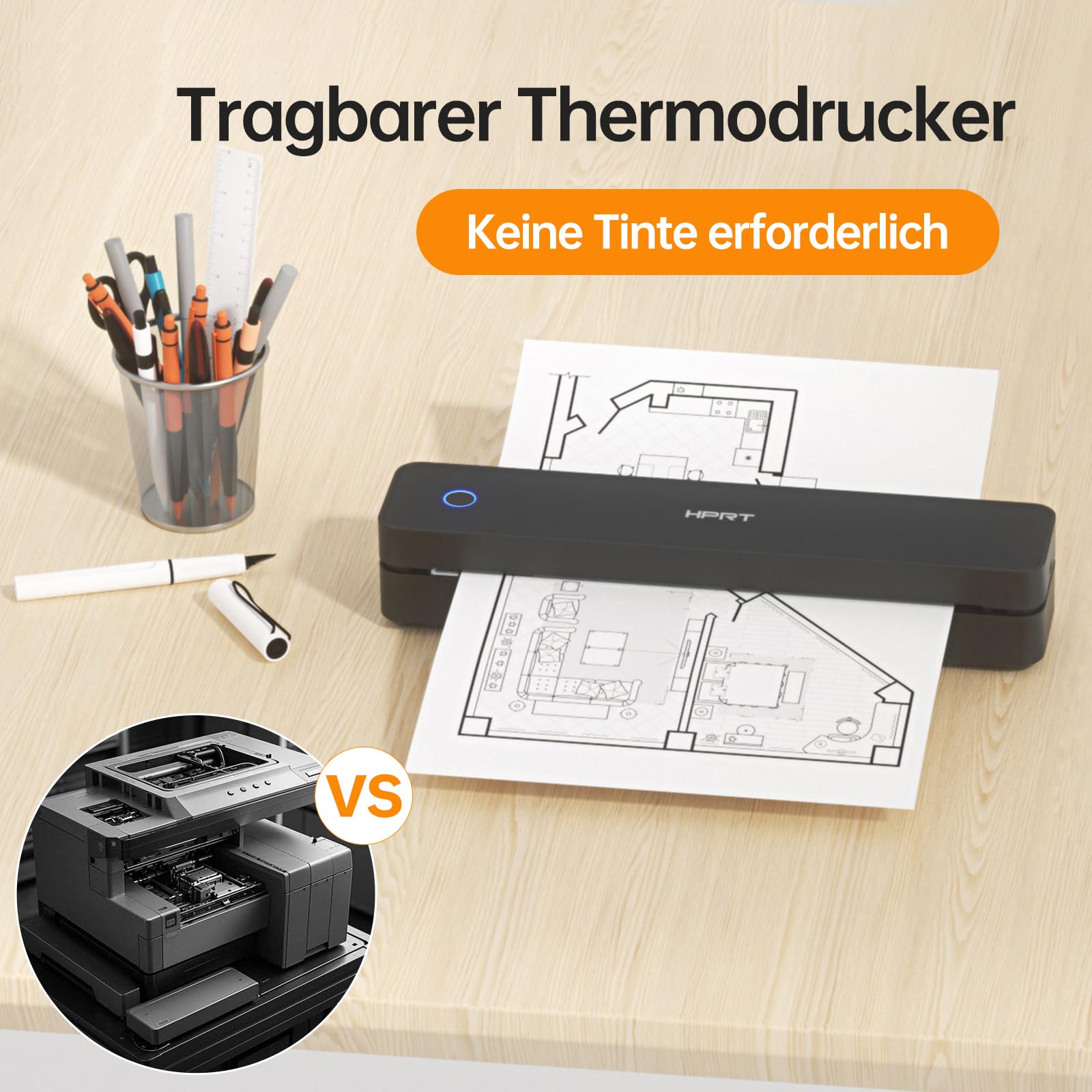 HPRT tragbarer Drucker drahtlos für Reisen, Bluethooth Tintenloser Thermodrucker Unterstützung für A4-Papier, kompatibel mit iOS, Android, Laptop für Büro und Zuhause