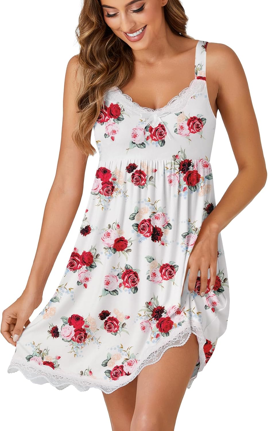 LYANER Women’s Sexy Nightgown V Neck Spaghetti Straps Sleepwear Lace Chemise Full Slip Babydoll Lingerie Nightdress