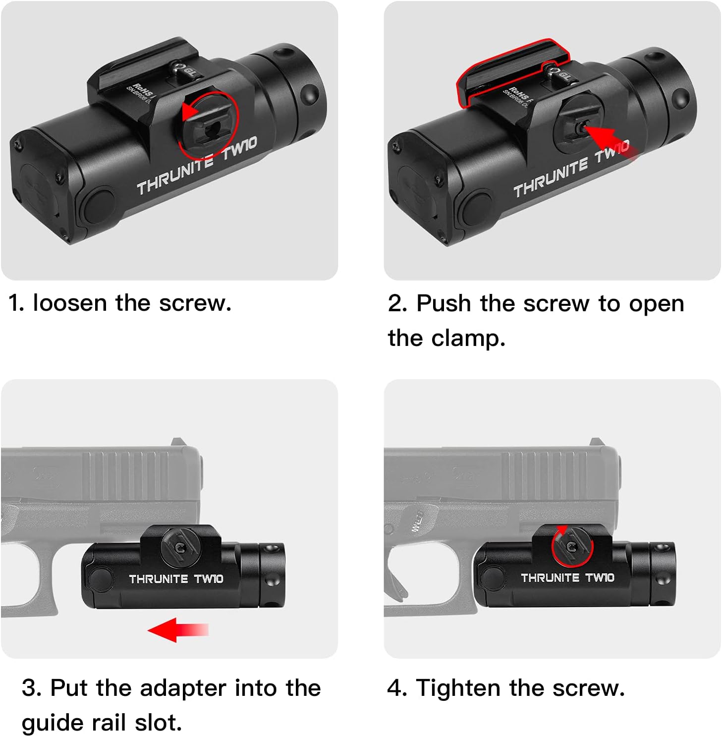Four step diagram showing how to mount the ThruNite TW10 Weaponlight to a rail