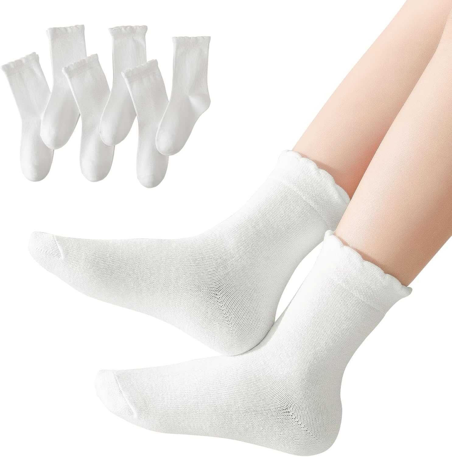 6 Pack Girls White Dress Scallop Socks for Toddlers and Kids - Cute Cotton