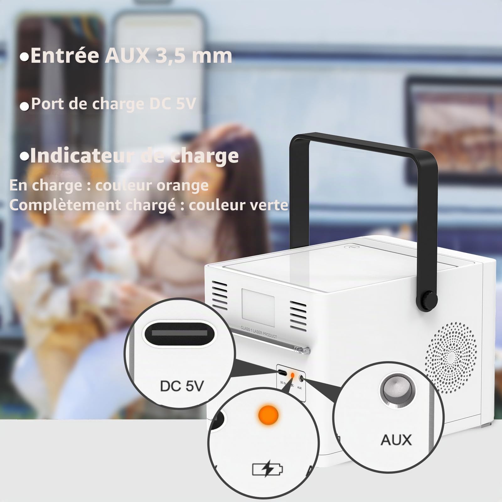 Lecteur CD Portable avec Bluetooth/Radio FM/USB/AUX, Batterie Rechargeable