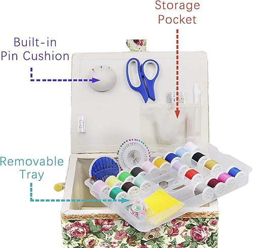 Vista 12 de Cesta de costura grande con accesorios, caja organizadora de costura para suministros de costura y herramientas de manualidades de bricolaje, regalo