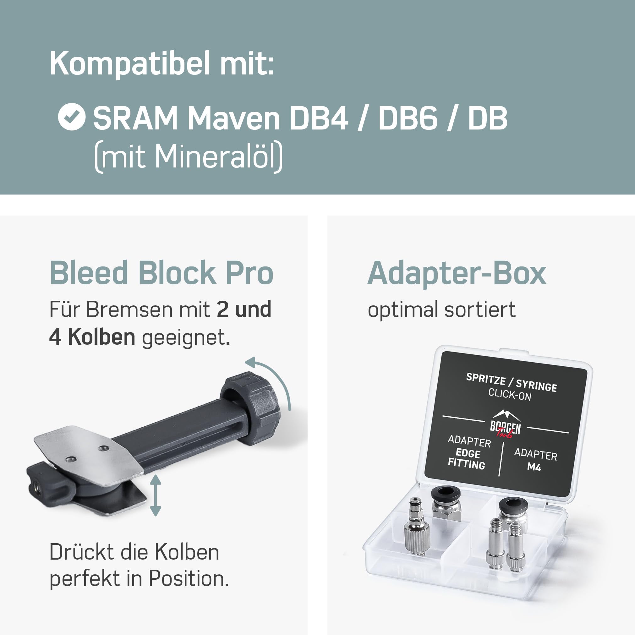 Borgen Entlüftungsset PRO für SRAM Maven & DB Scheibenbremse Fahrrad - Entlüftungskit mit Anleitung, inkl. 100ml Mineralöl Bremsflüssigkeit - Für Sram DB4, DB6, DB8 und Maven