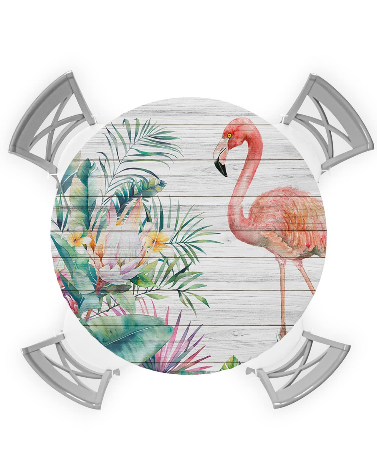 Round Table Cover 36-44 Inch, Waterproof Reusable Table Cloth Round Fitted Vinyl Tablecloth with Elastic Edged for Parties Outdoors, Flamingo and Tropical Plant Turtle Leaf Vintage Wooden Board