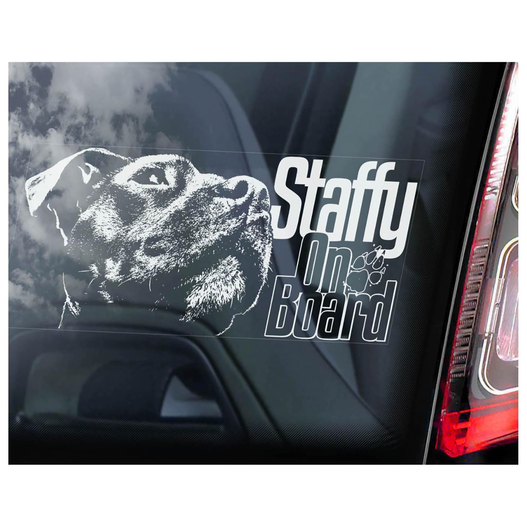 Staffy on Board Car Window Sticker, Vinyl Decal Sign, Pet Staffie Owner Gift, Beware of the Dog Warning Sign -V05WB (WHITE - Inside Reverse Print) — image 1