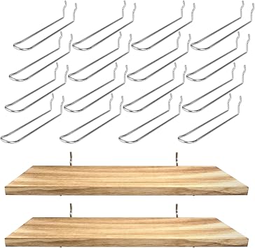 18 Pack Peg Board Accessories Kit, 2PC Wood Pegboard Shelves and 16pcs 10" Silver Pegboard Dual-arm Hooks for 1/4-inch Pegboards, Peg Board Wall Organizers for Craft Garage Workbench Office
