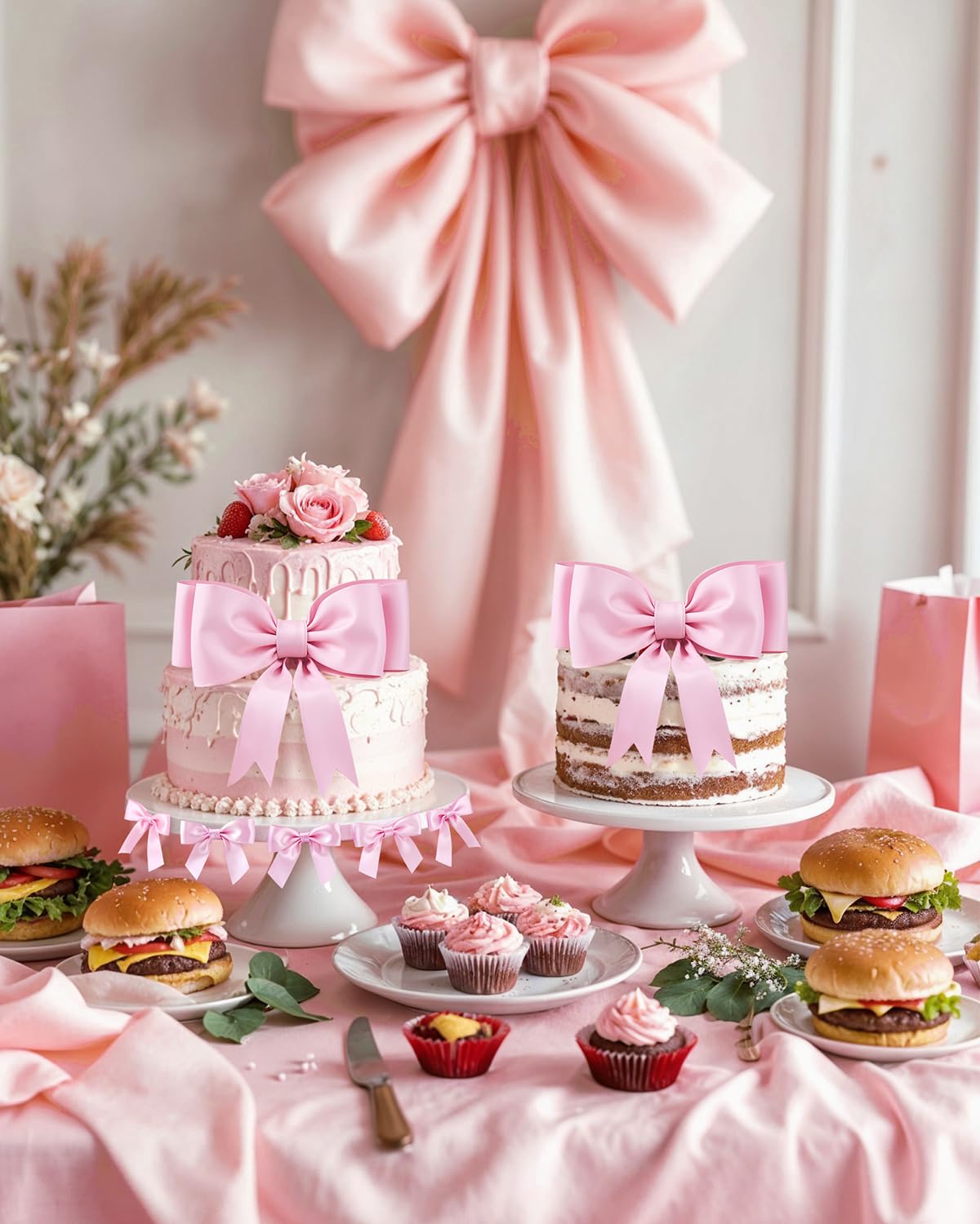 Pink Bow Cake Toppers - Set Of 1 Large & 10 Small Bows For Birthday, Wedding & Party Decor