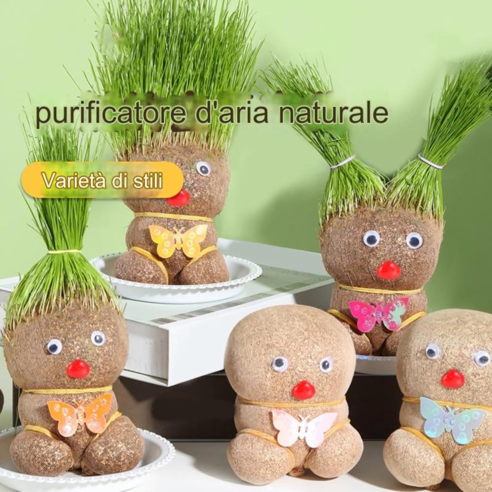 Mini Bonsaï Répulsif pour Moustiques Plante Poupée Tête d'Herbe avec Plateau 3 Pièces