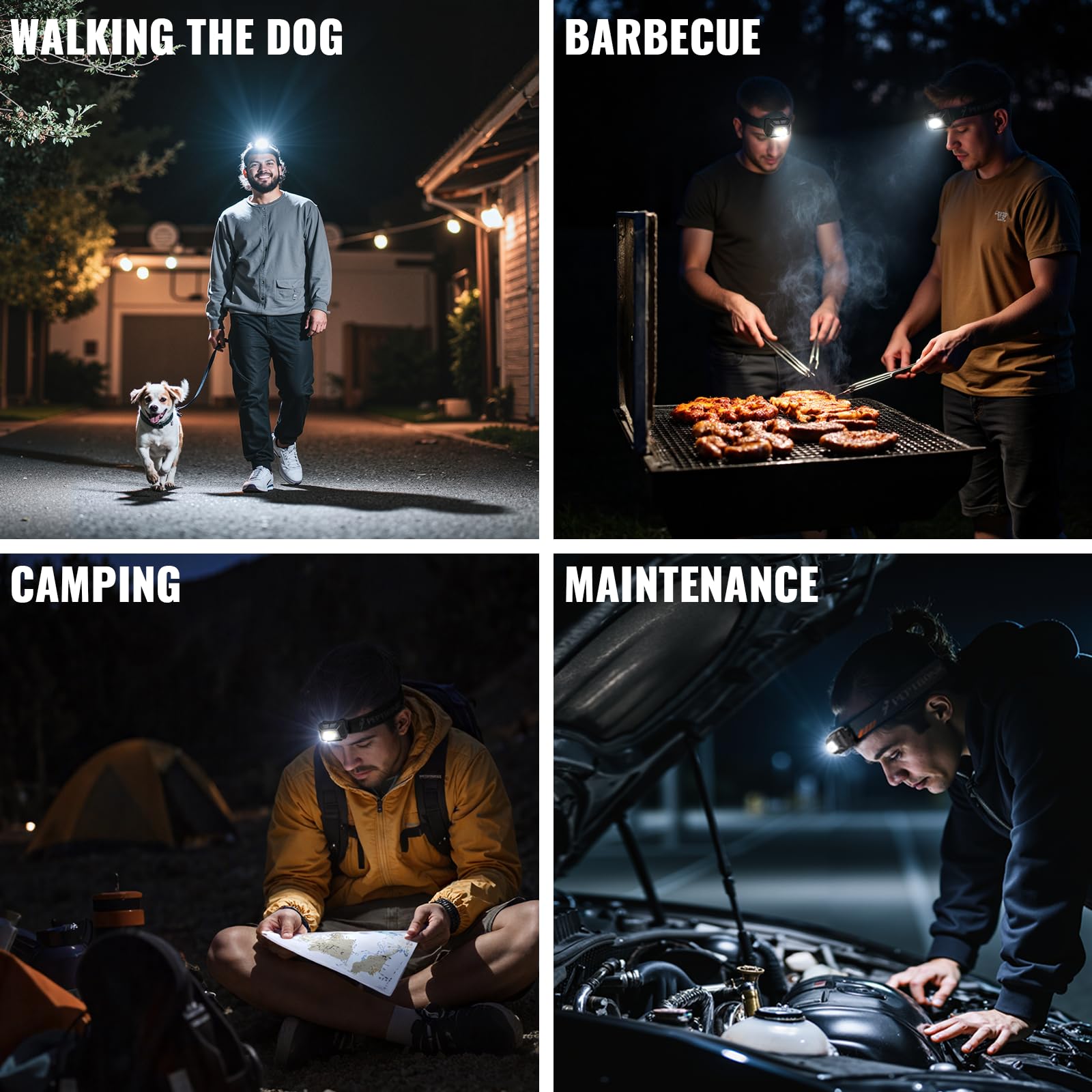 Camping-Stirnlampe, 2 Stück, LED, batteriebetrieben, dimmbar, Kopflampen mit verstellbarem Kopfband, IPX4, wasserdicht, 9 Modi, Rotes, weißes, grünes Licht für Wandern, Laufen, Radfahren
