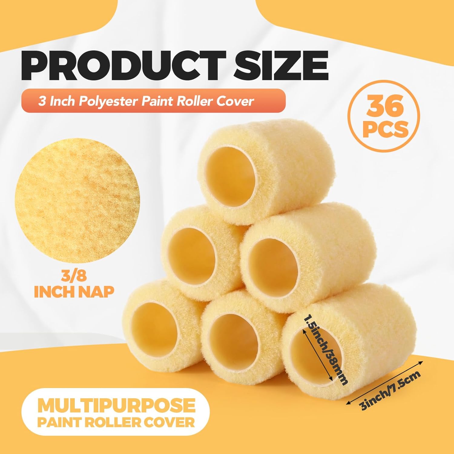 Pinkunn 36 Pcs 3 Inch 3/8" Naps Paint Roller Covers Polyester Brush Cover House Painting Supplies for Home Wall House Roller Kit for Surfaces
