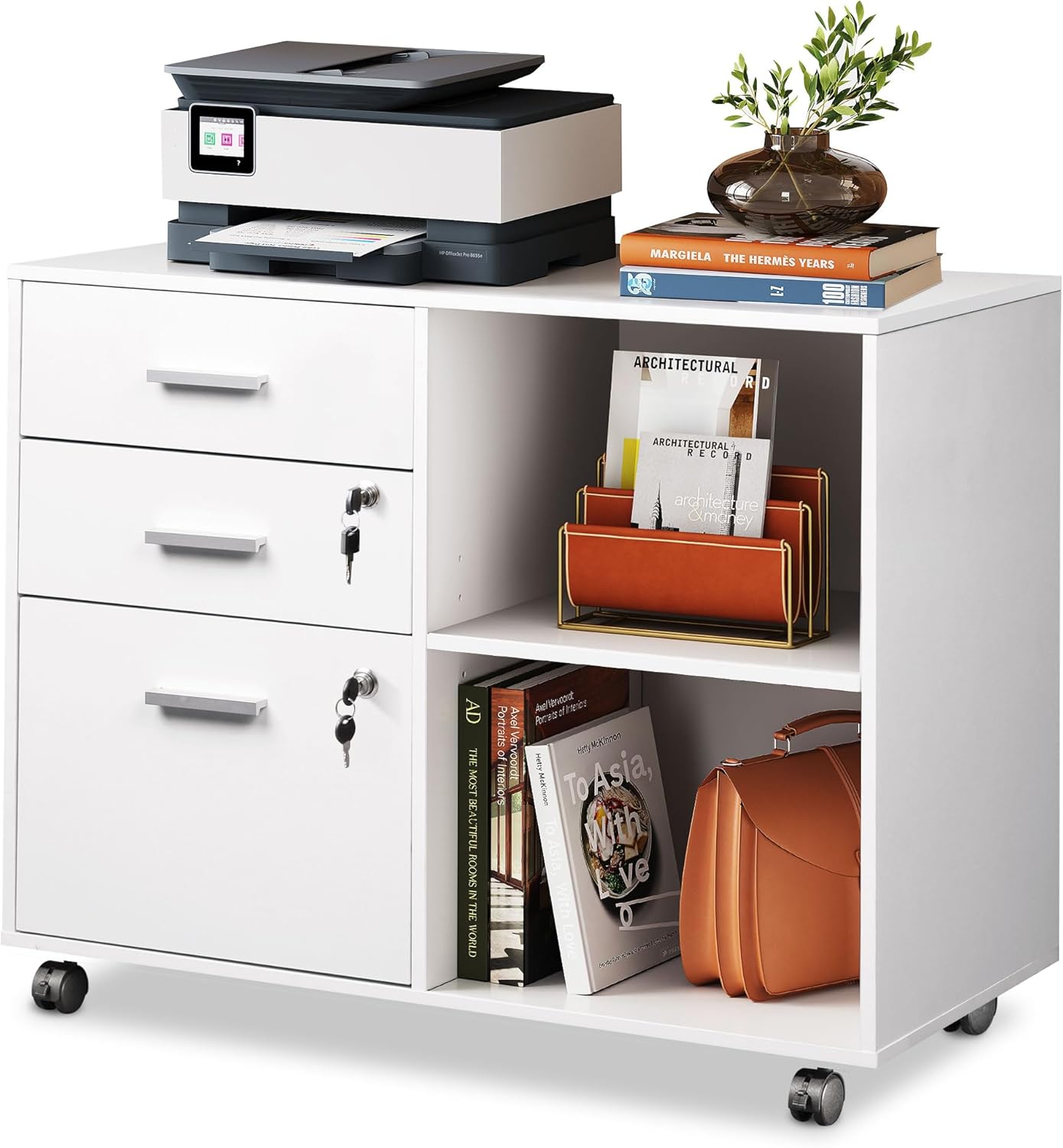 DEVAISE Carrello Portadocumenti 3 Cassetti con Piano Legno, Mobile Ufficio con Stampante, Retro, Bianco