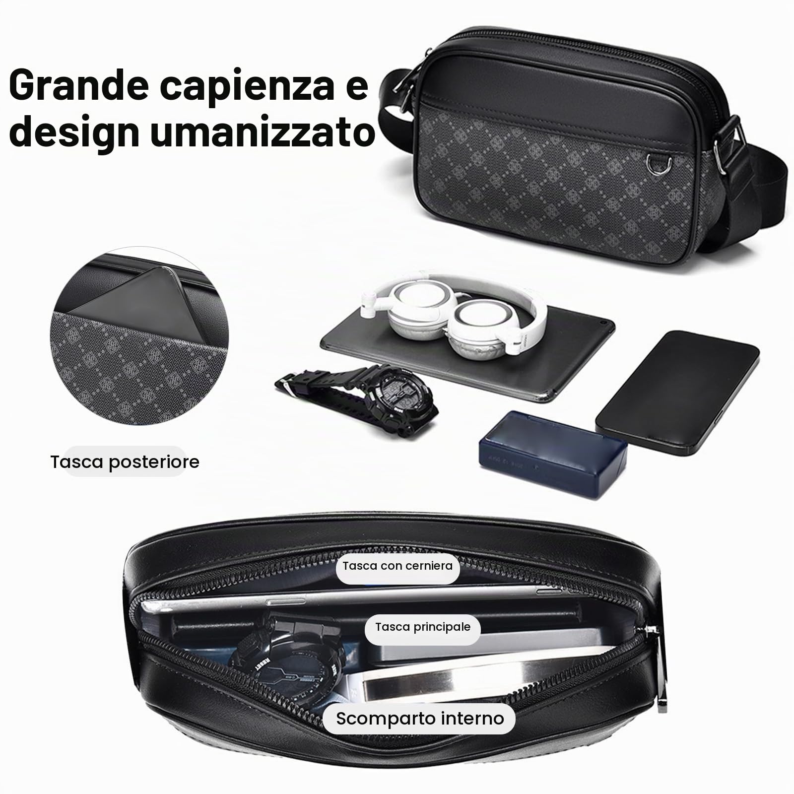 FANDARE Retrò Borsello Tracolla Uomo orizzontale Borse a spalla Donna PVC Pelle Borsa a Tracolla da Uomo Borse Messenger per l'uso Quotidiano Outdoor Trekking,Lavoro,Viaggio Borsa a Spalla Nero