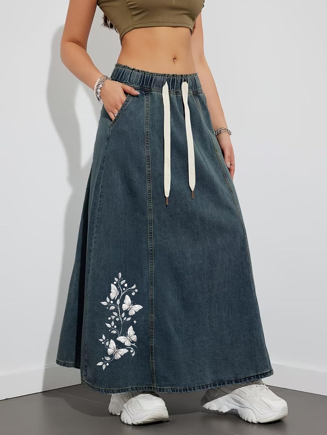 Women's A-line Denim Skirts Blue Maxi Skirt Cute Embroidered high-Waisted Denim Skirts for Women Trendy
