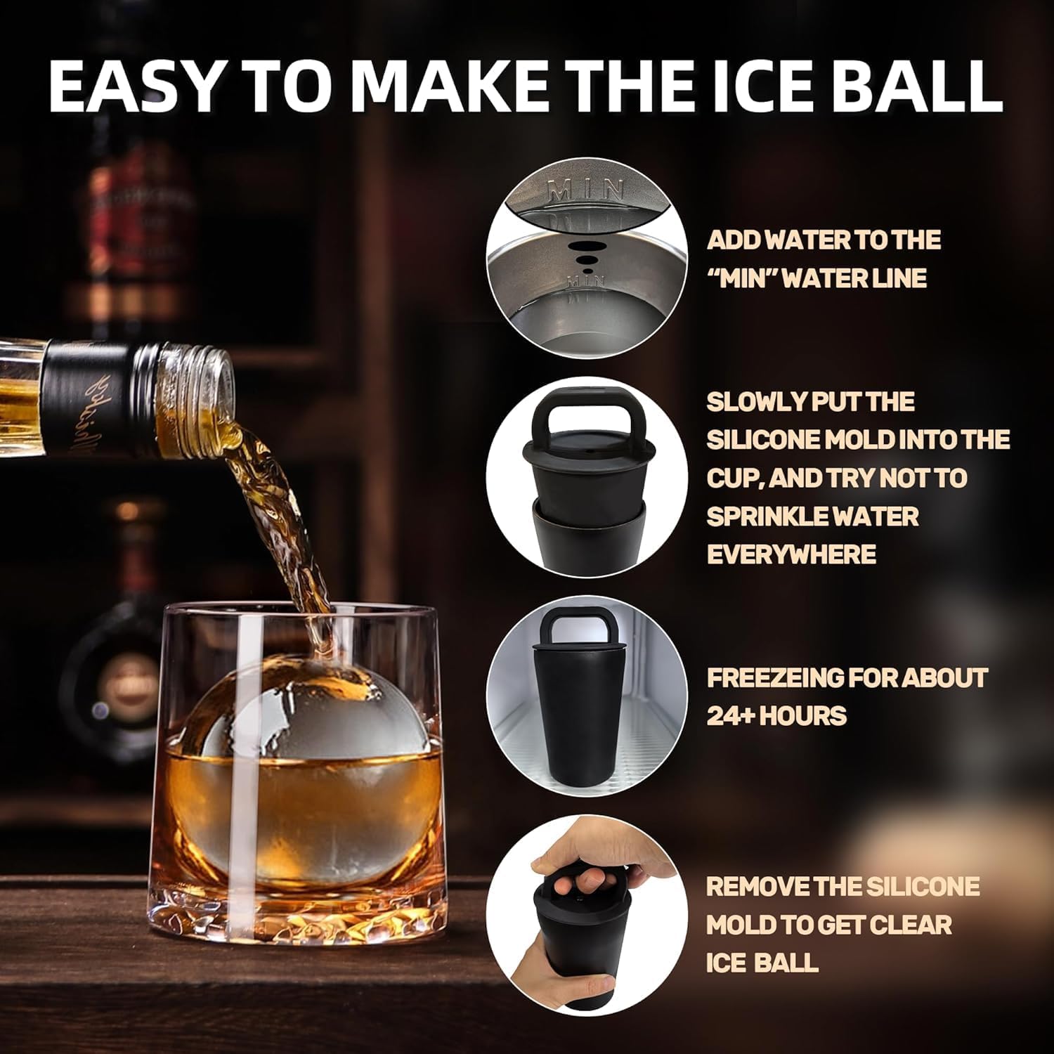 Clear Ice Cube Maker - 2-Pack 2.5" Large Whiskey Ice Ball Mold, Slow-Melting Crystal Clear Sphere Ice Balls for Whiskey & Cocktails, Reusable BPA-Free Silicone Ice Mold with Easy Release Design