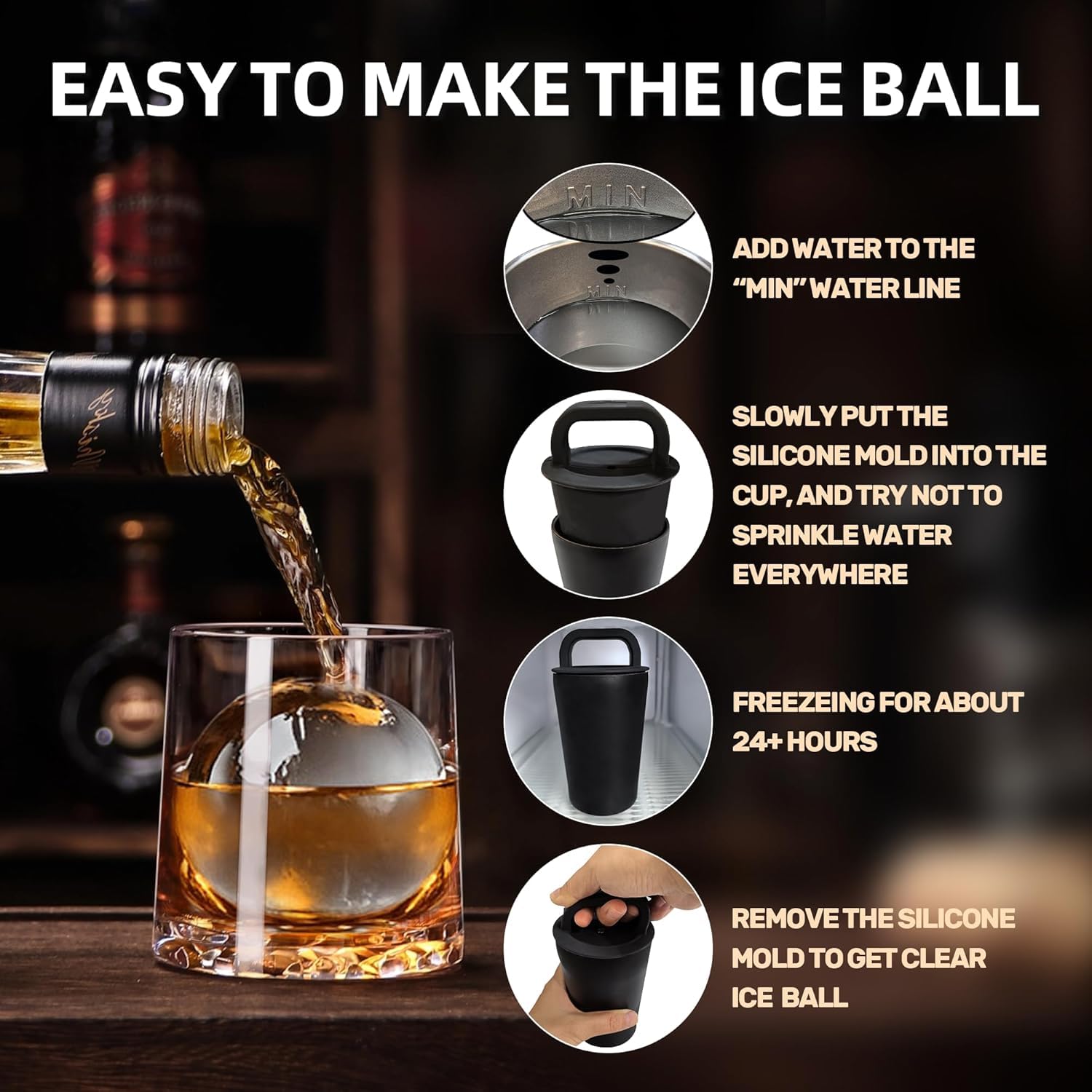 2 moldes de bolas de hielo transparentes de 6,4 cm con carcasa protectora de acero inoxidable para bolas de hielo de fusión lenta, silicona sin BPA, fácil extracción para whisky y bar en casa