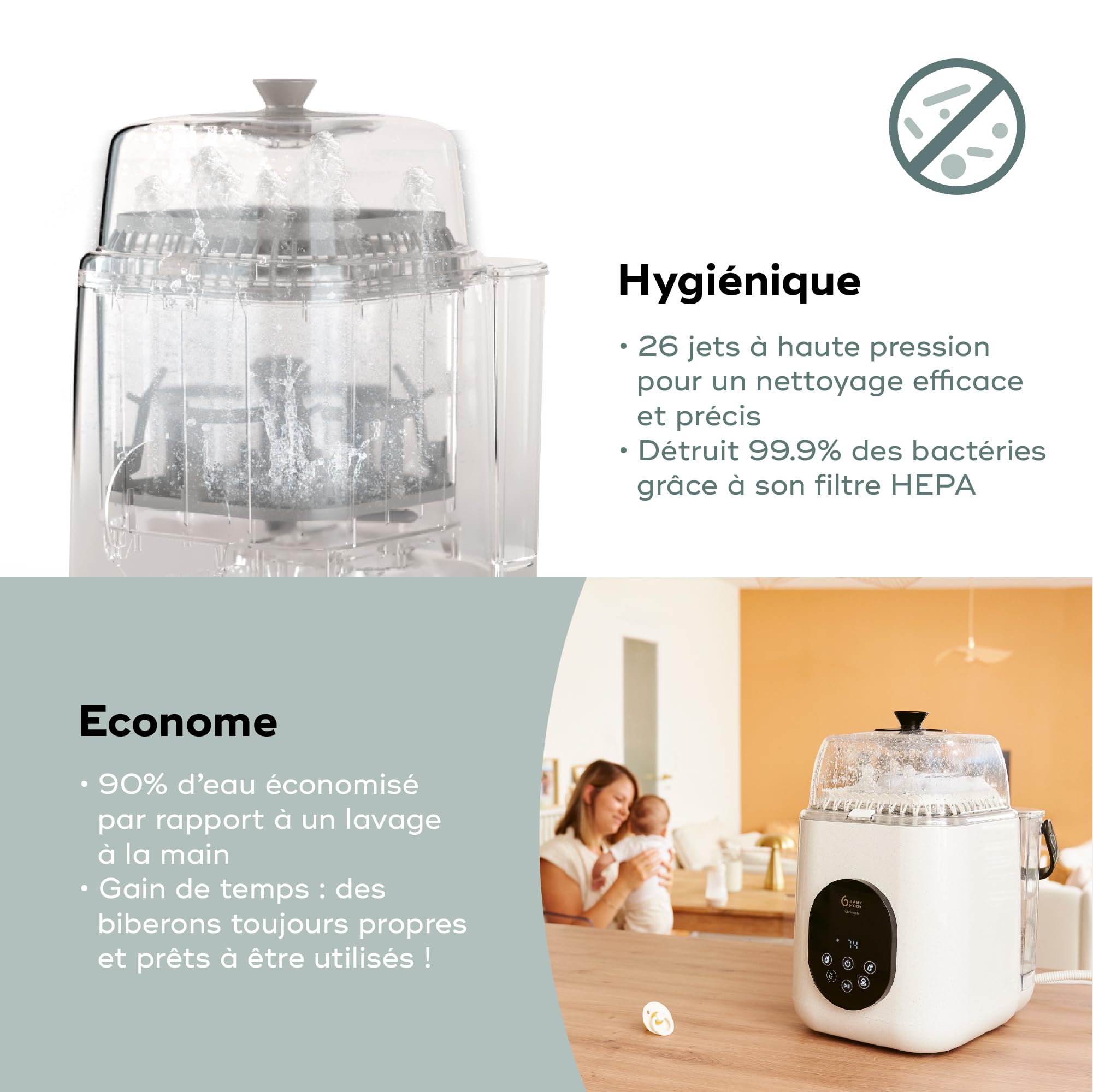 Babymoov Lave Biberon Electrique NutriWash - 4 en 1 : Lave, Stérilise, Sèche & Stocke - 11 Programmes Rapides dès 19 min - Universel Biberons & Accessoires Bébé - Écran Tactile - Garanti à Vie