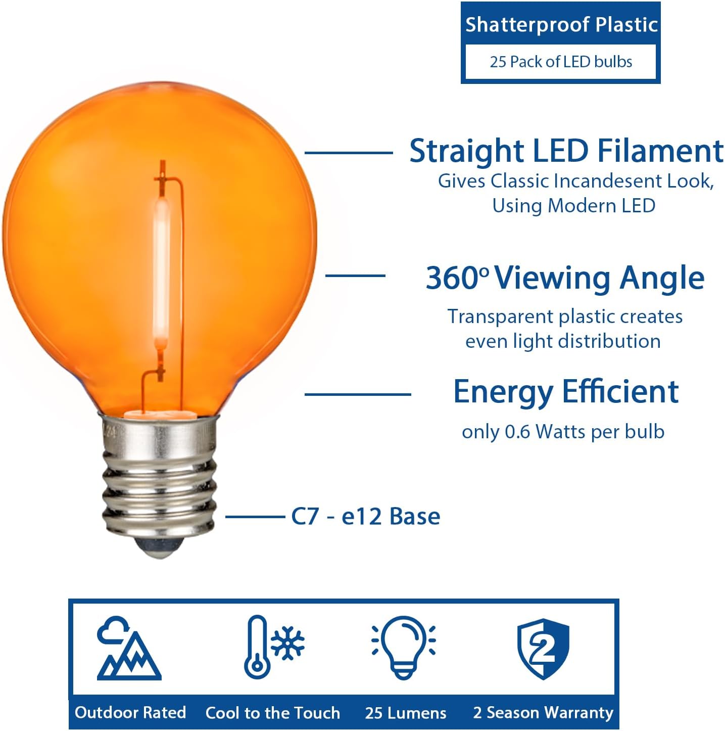 Novelty Lights G40 Filament LED String Light, Translucent Orange/Green/White Bulbs, 25 Globe Lights with 12" Spacing on White Wire, Indoor/Outdoor Festive Patio Lights
