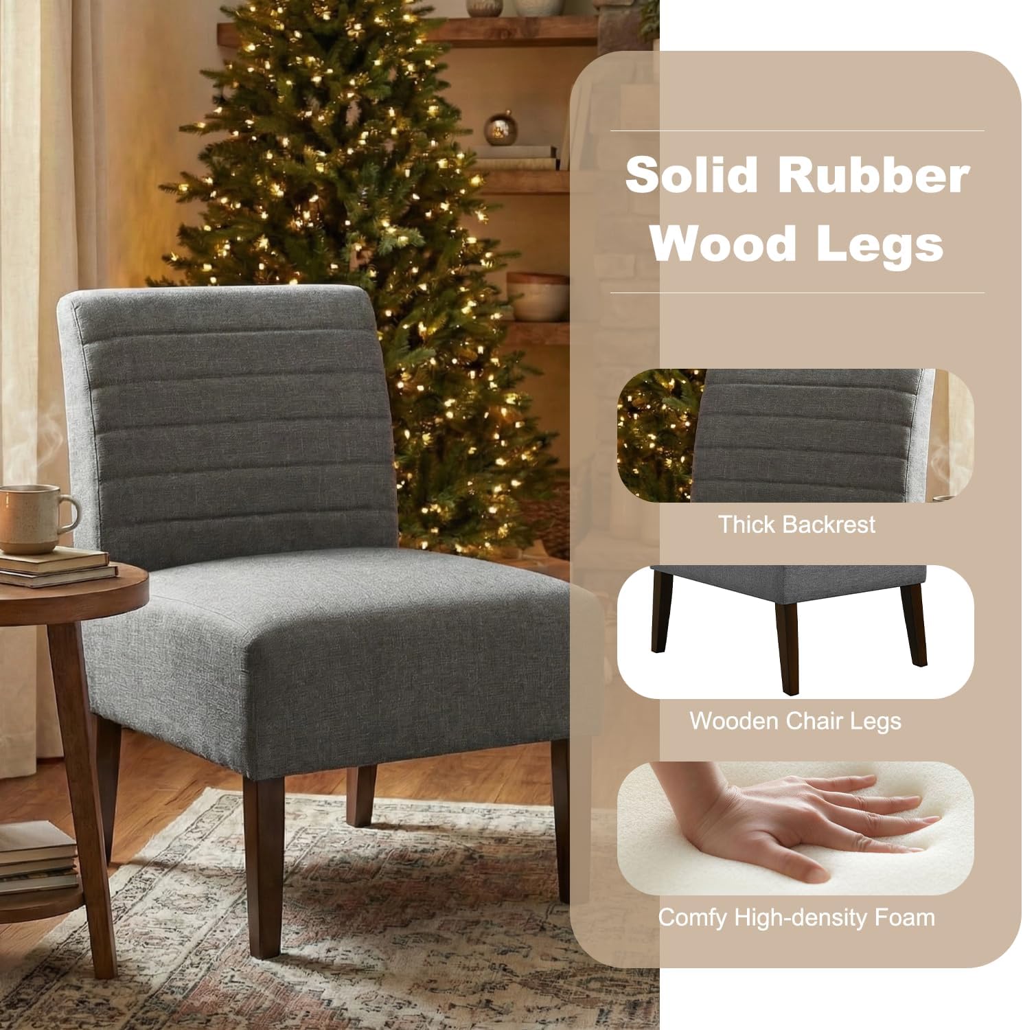 Armless Accent Chair, Mid Century Modern Upholstered Living Room Chairs, Accent Dining Chair Sofa with Solid Wood Legs, Lounge Reading Chair for Bedroom, Office (Gray)