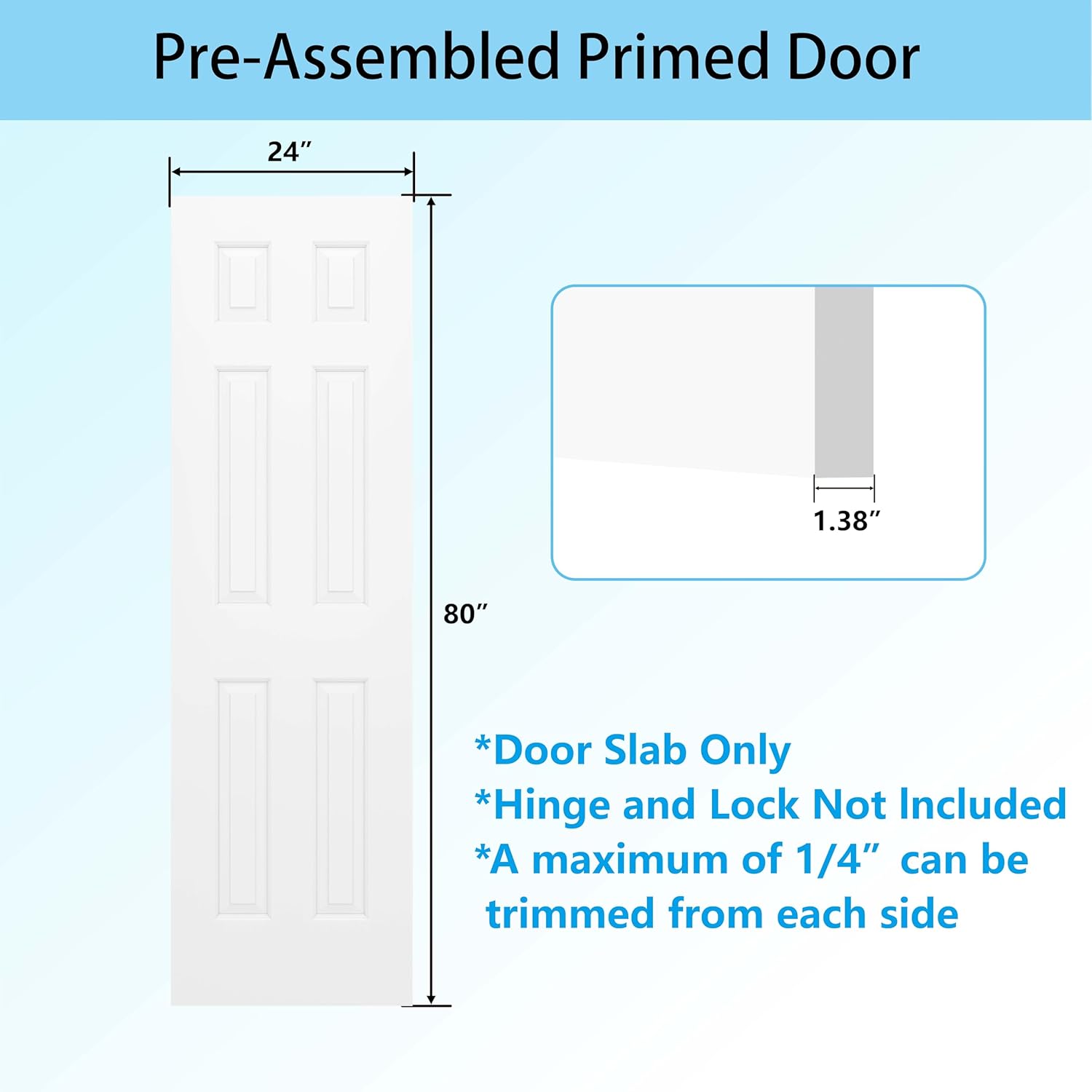 JUBEST 24"x80" Raised 6-Panel Textured White Primed Hollow Core Interior Molded Door Slab, NOT Pre-drilled and NOT Included Hardware, Paintable Interior Door for Pantry, Laundry, Office
