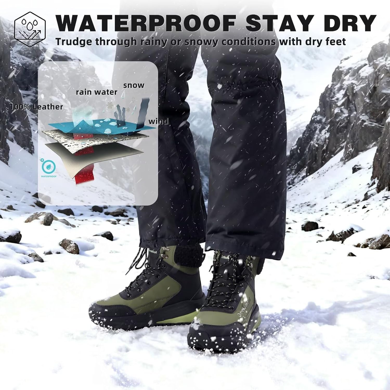 Men's Orthopedic Wide Snow Boots: Comfortable Winter Diabetic Plantar Fasciitis Arch Support Warm Insulated Mid Ankle Boots, Orthotic Casual Waterproof Walking Hiking Shoes for Foot Heel Pain Relief - Image 7