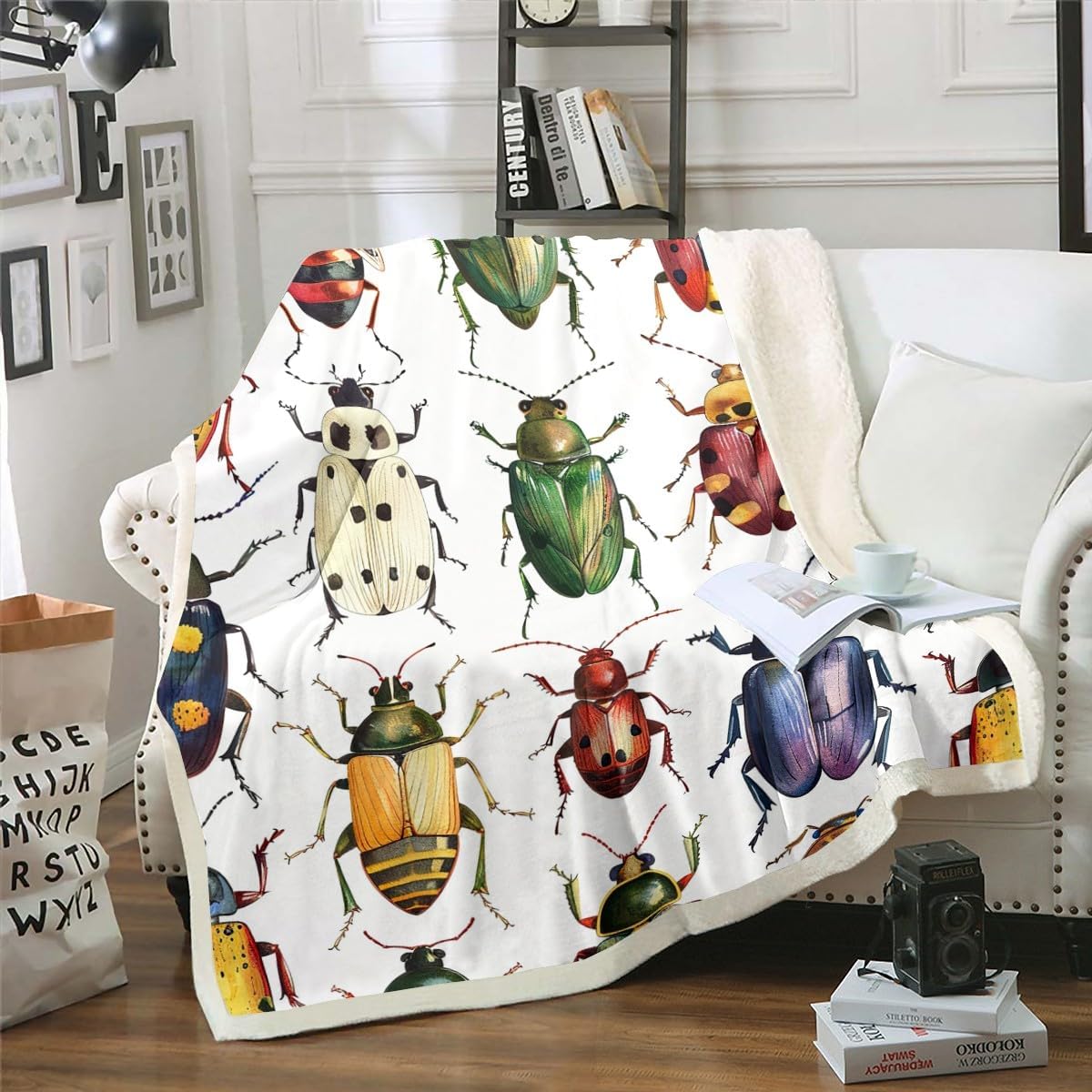 Beetle Fleece Throw Blanket for Girls Boys Colorful Beetles Decor Sherpa Blanket Kids Bug Plush Blanket Bright Vibrant Room Decor Nature Animal Fuzzy Blanket for Sofa Bed Couch, Throw 50x60 Inch