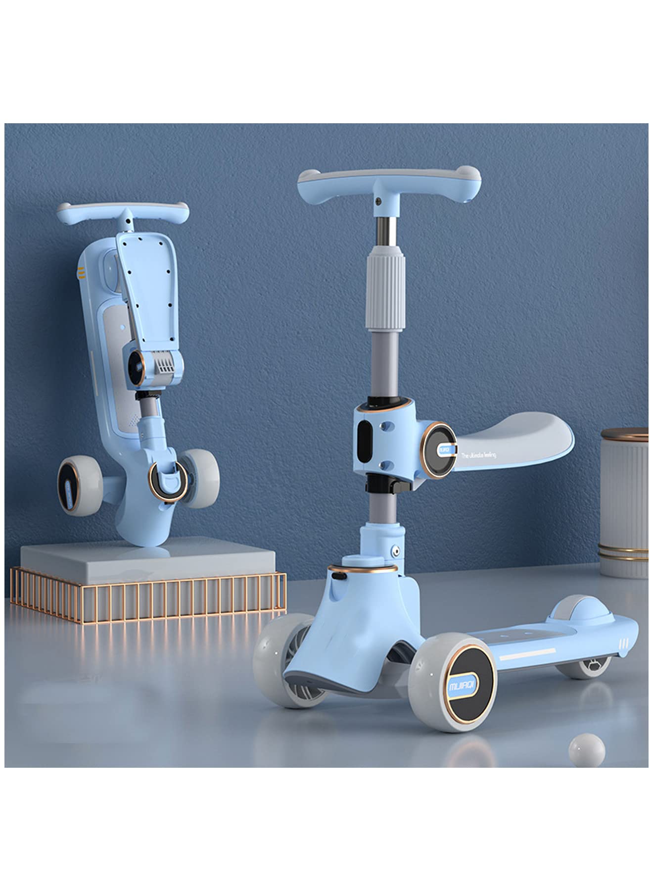 Kids Kick Scooter 5 in 1 Foldable Scooter with 3 LED Light Wheels and Seat, Safety LED Light and Kids Music