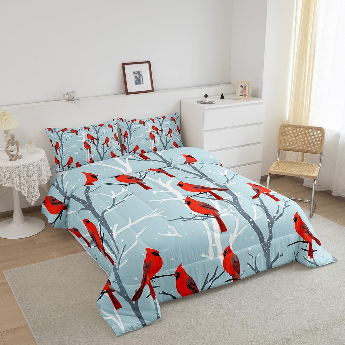 Feelyou Red Bird Comforter Winter Birds Bedding Set Nature Animal Printed Comforter Set for Kids Boys Girls Farmhouse Country Duvet Set Room Decor Quilt Twin Size Boys
